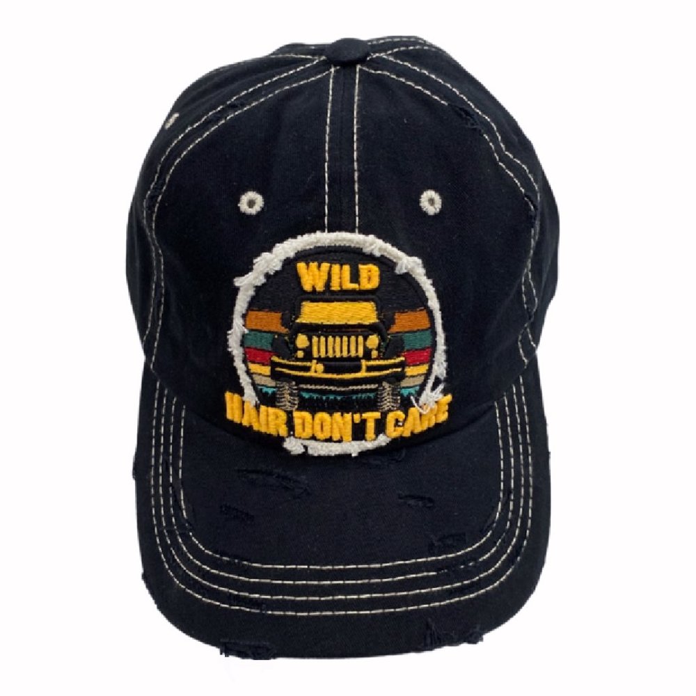 Off Road SUV Wild Hair Don’t Care Distressed Style Black Cap Hat - NEW Fast Ship